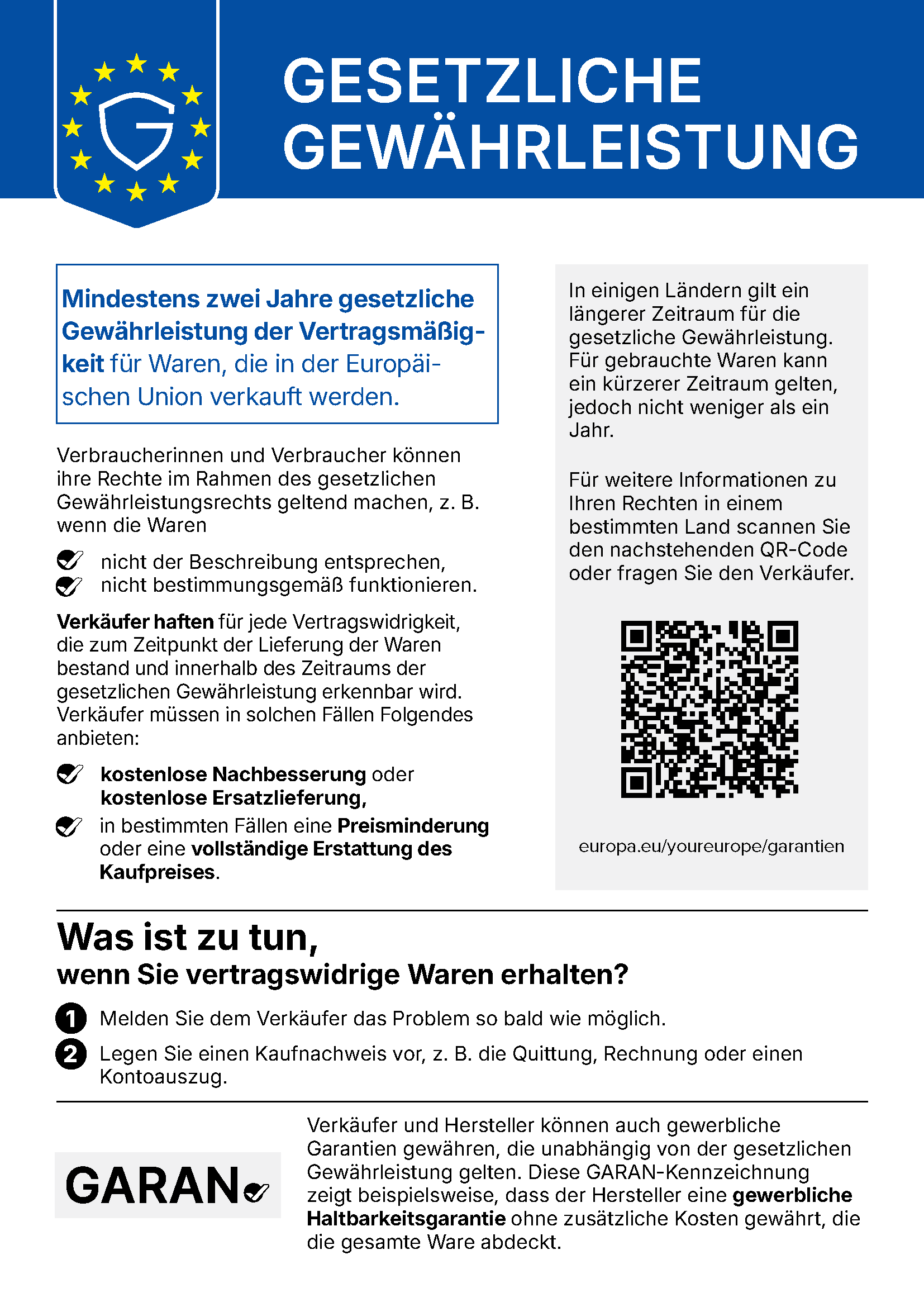 EU-Hinweis zur gesetzlichen Gew&auml;hrleistung: mindestens zwei Jahre f&uuml;r Waren, die in der EU verkauft werden